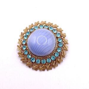 Vintage Vintage Blue Marbled Domed Art Glass & Blue Rhinestones Pin Brooch 2”